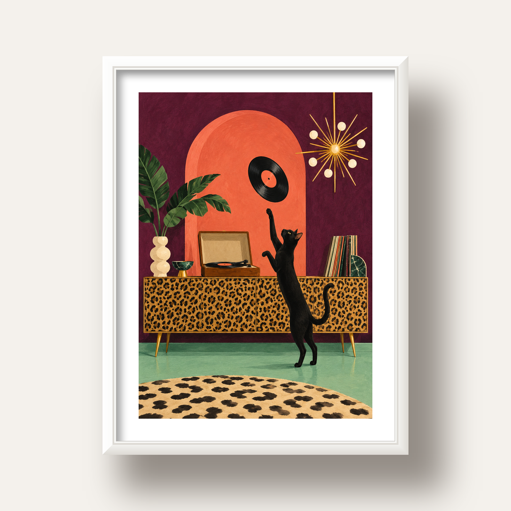 Retro Salonda Siyah Kedi – Dijital Poster, Modern Dekor — beyaz derin çerçeveli paspartulu