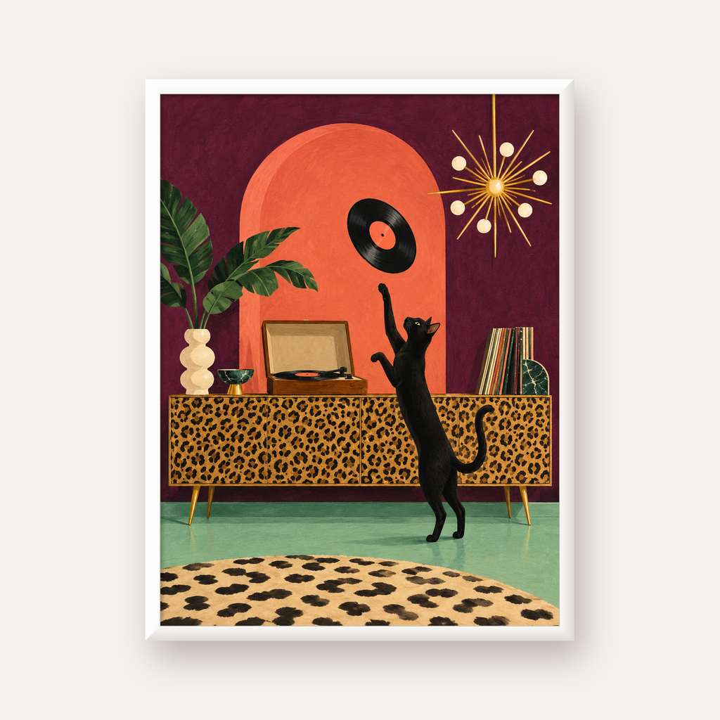 Retro Salonda Siyah Kedi – Dijital Poster, Modern Dekor — beyaz çerçeveli dikey poster