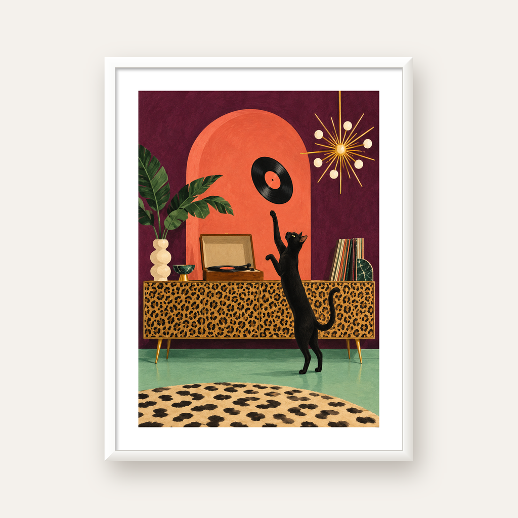 Retro Salonda Siyah Kedi – Dijital Poster, Modern Dekor — beyaz çerçeveli dikey poster