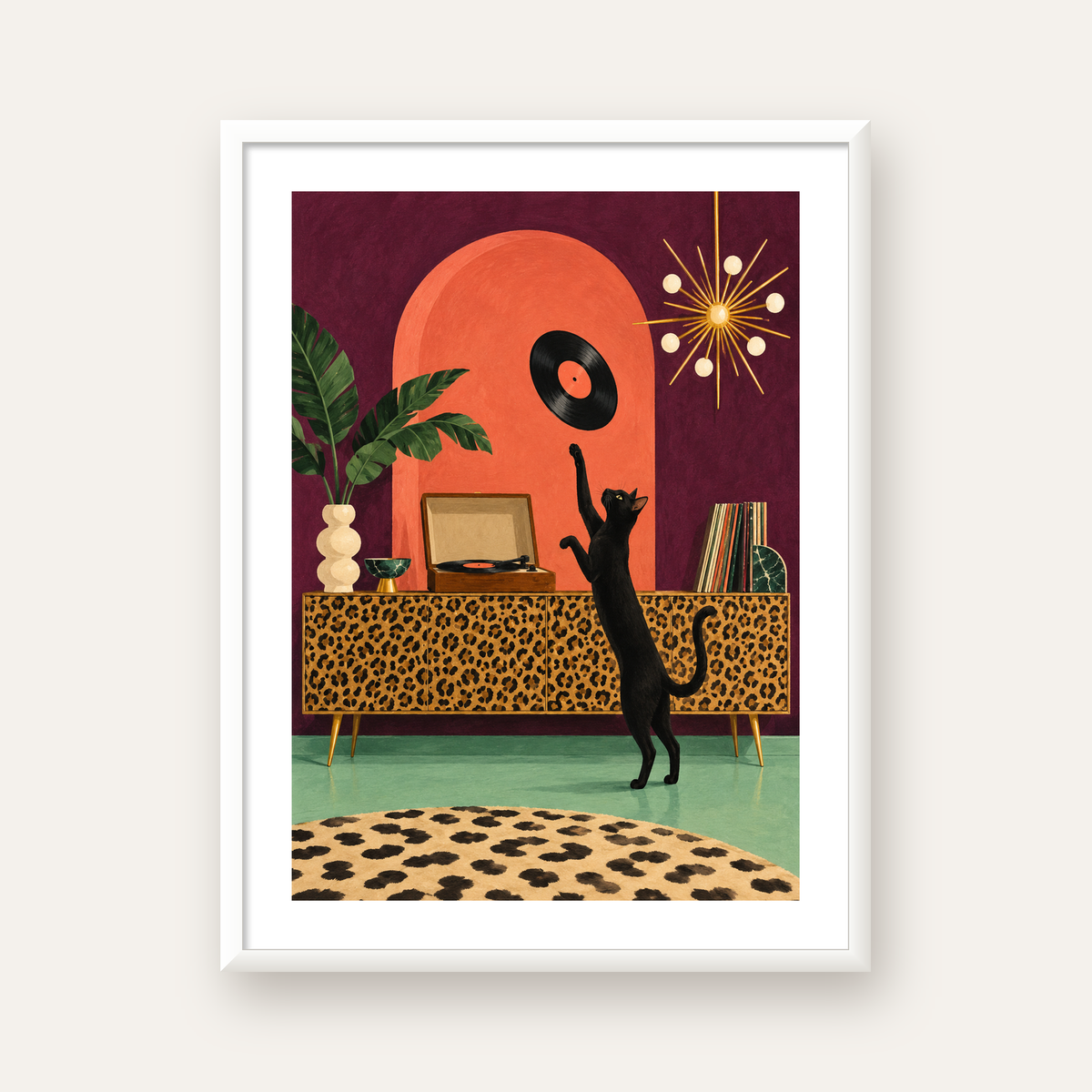 Retro Salonda Siyah Kedi – Dijital Poster, Modern Dekor — beyaz çerçeveli dikey poster