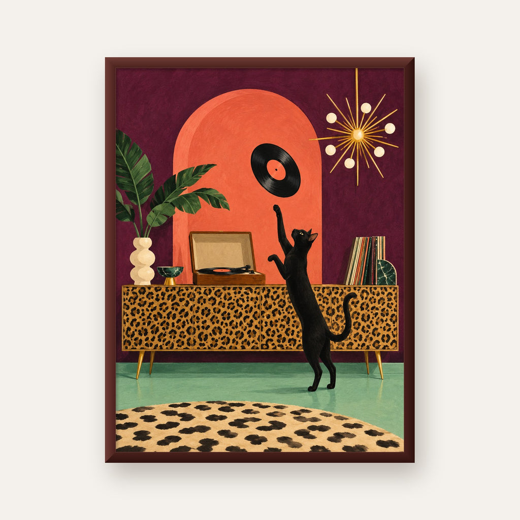 Retro Salonda Siyah Kedi – Dijital Poster, Modern Dekor — ceviz çerçeveli