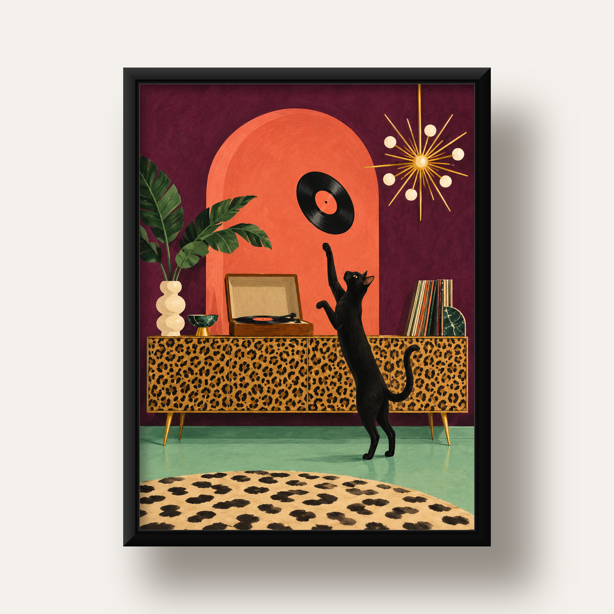 Retro Salonda Siyah Kedi – Dijital Poster, Modern Dekor — siyah derin çerçeveli