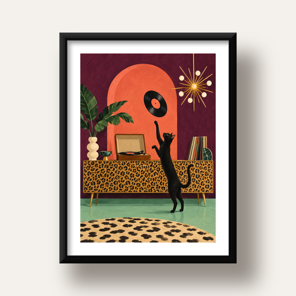 Retro Salonda Siyah Kedi – Dijital Poster, Modern Dekor — siyah derin çerçeveli paspartulu