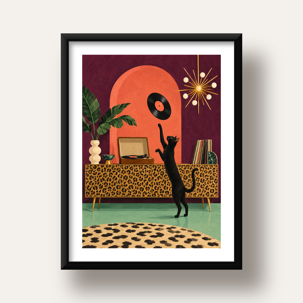 Retro Salonda Siyah Kedi – Dijital Poster, Modern Dekor — siyah derin çerçeveli paspartulu