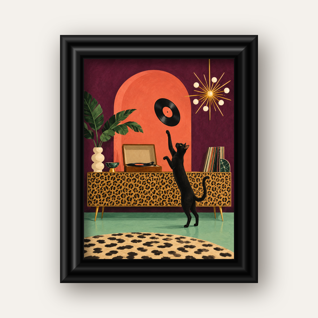 Retro Salonda Siyah Kedi – Dijital Poster, Modern Dekor — siyah galeri çerçeveli