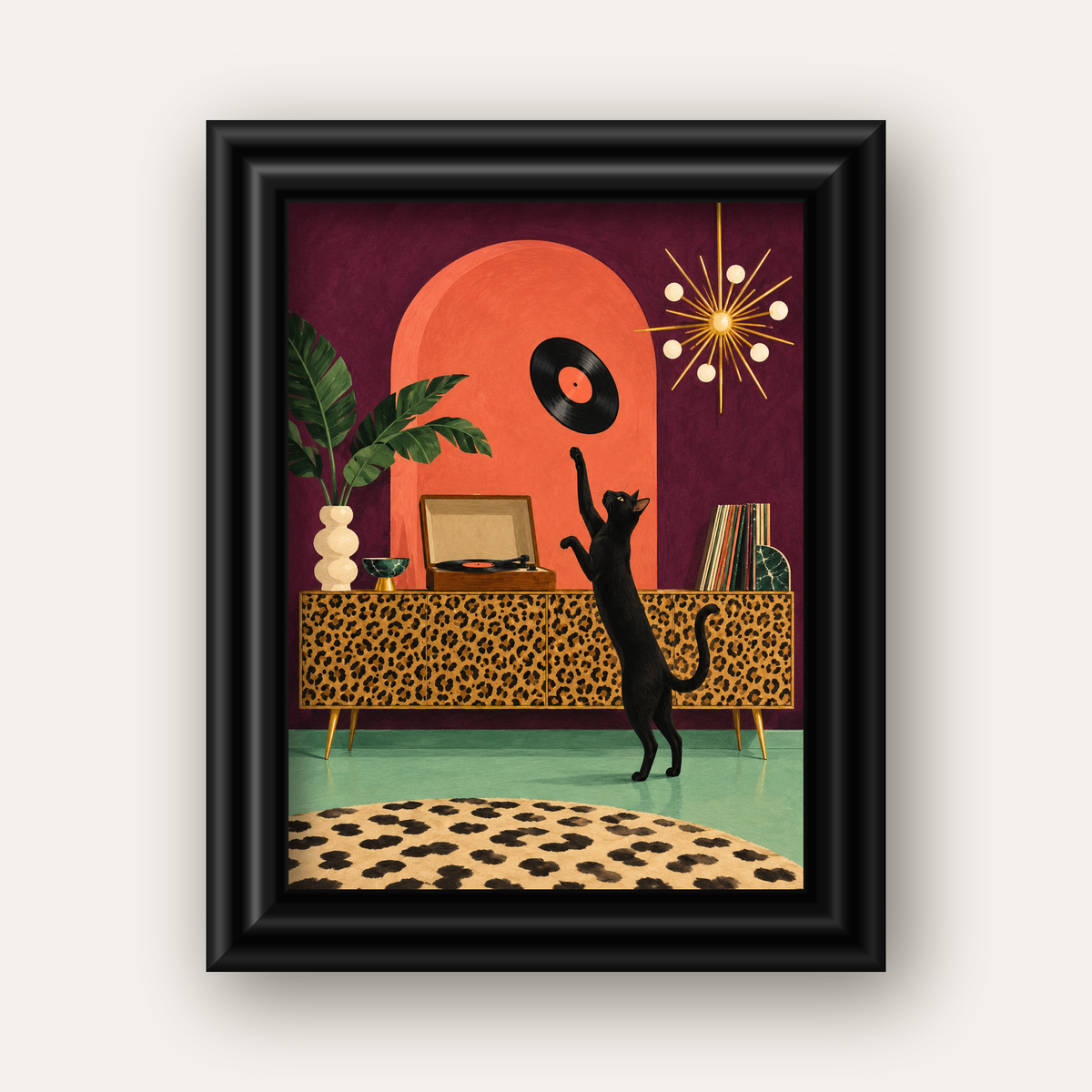 Retro Salonda Siyah Kedi – Dijital Poster, Modern Dekor — siyah galeri çerçeveli