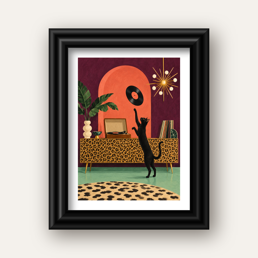 Retro Salonda Siyah Kedi – Dijital Poster, Modern Dekor — siyah galeri çerçeveli paspartulu