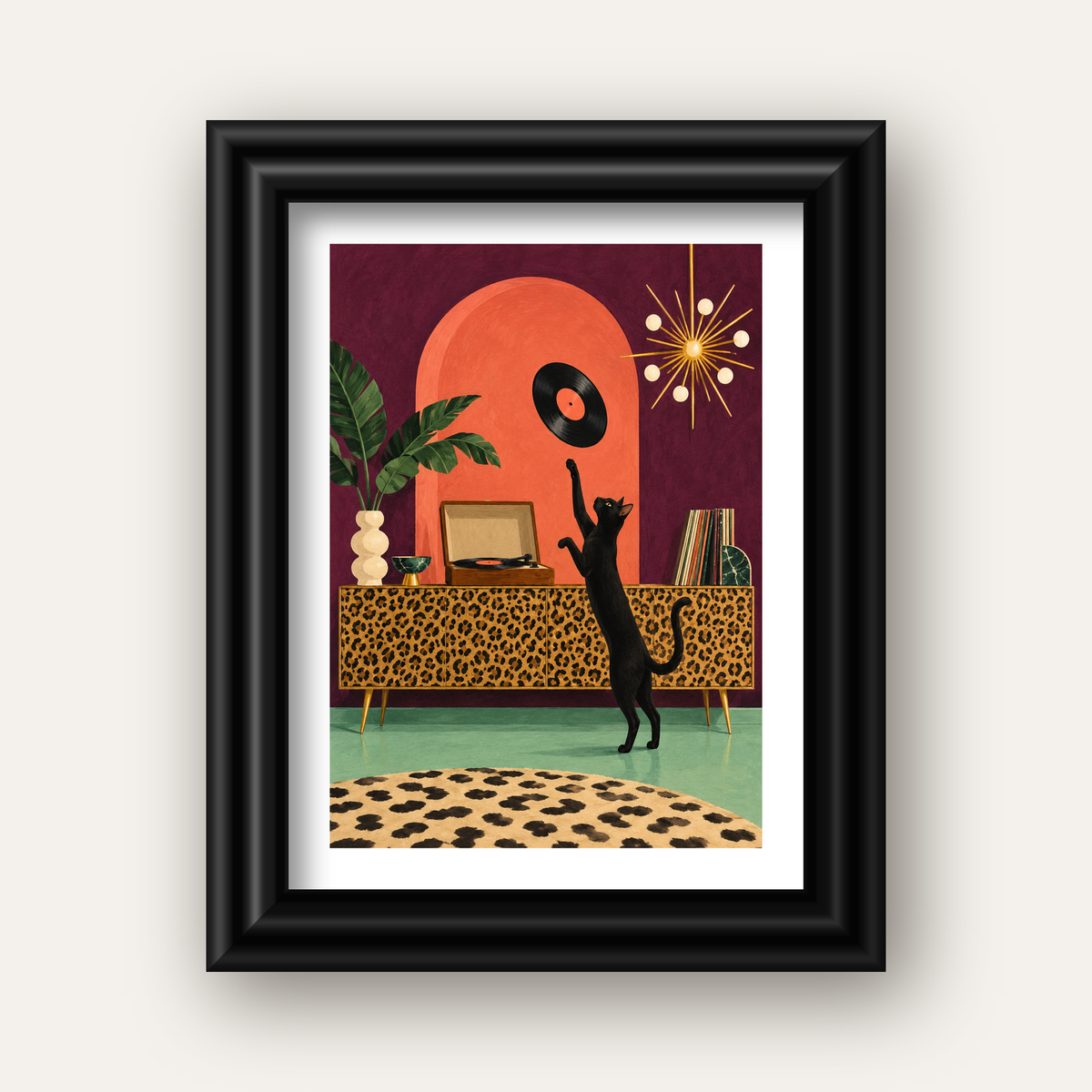 Retro Salonda Siyah Kedi – Dijital Poster, Modern Dekor — siyah galeri çerçeveli paspartulu