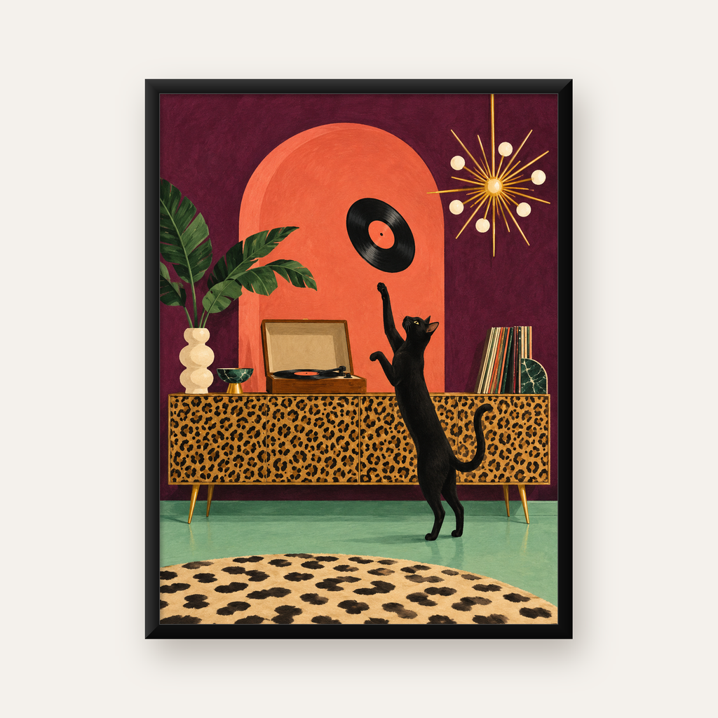 Retro Salonda Siyah Kedi – Dijital Poster, Modern Dekor — Dikey baskı, düz siyah çerçeveli duvar posteri