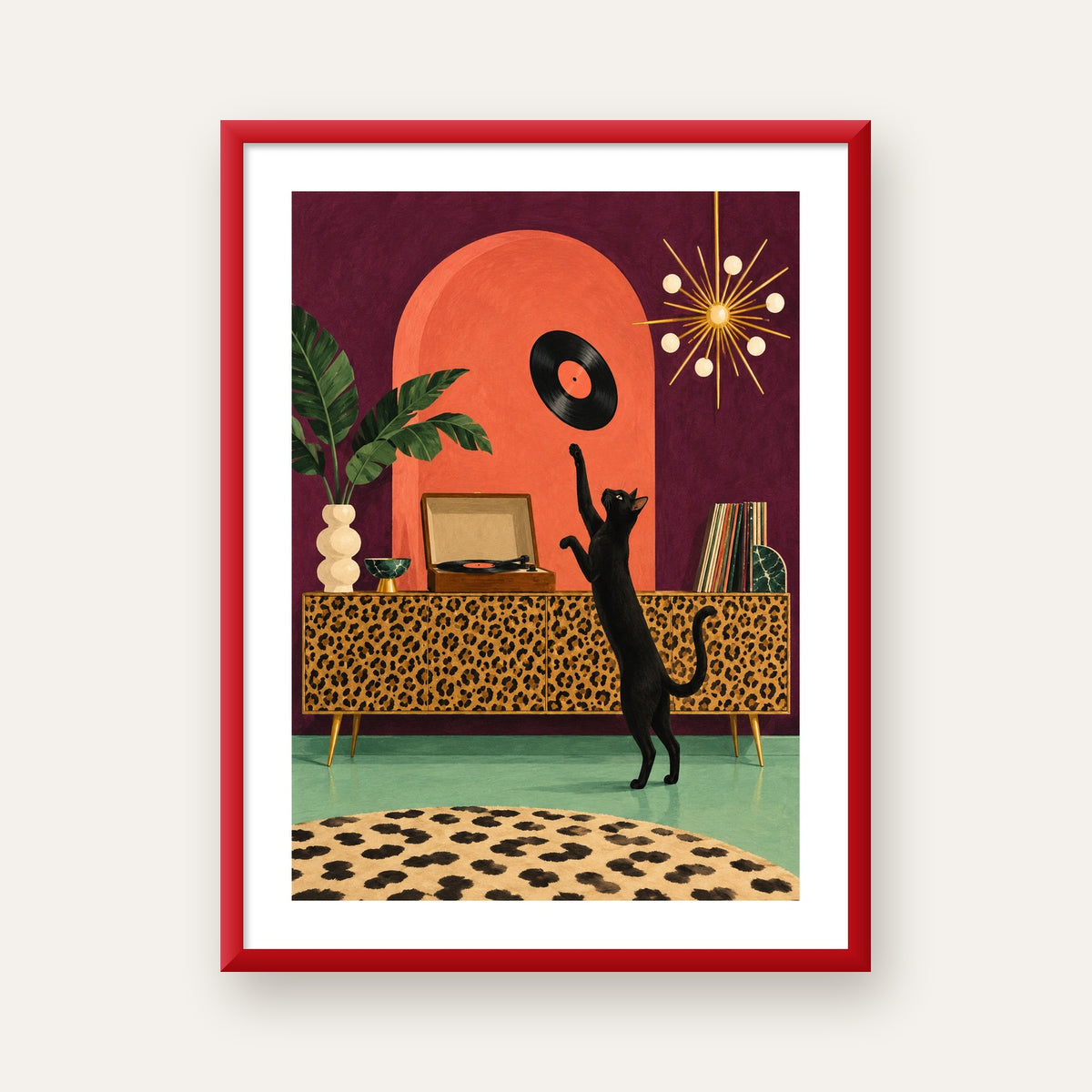 Retro Salonda Siyah Kedi – Dijital Poster, Modern Dekor — kırmızı çerçeveli paspartulu