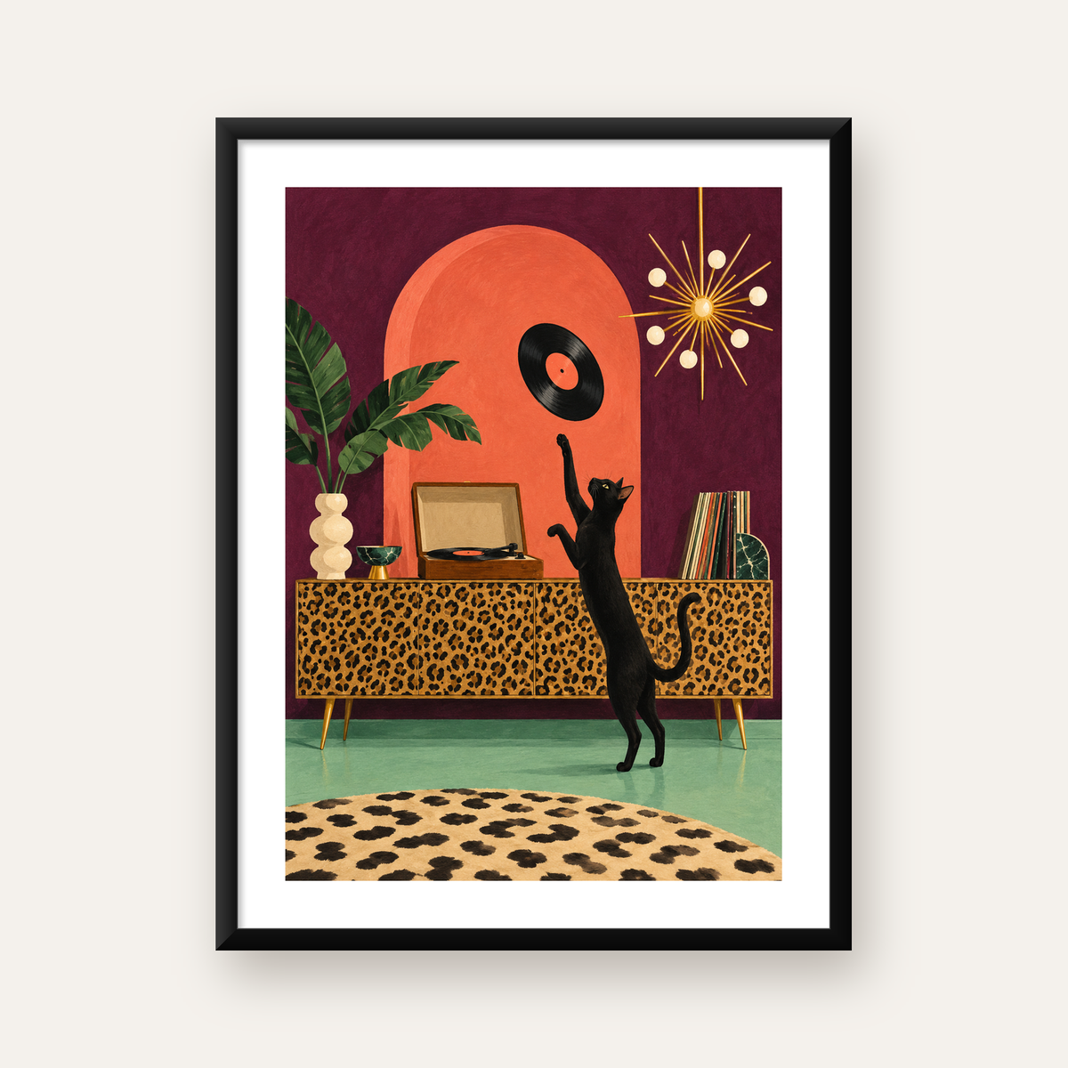 Retro Salonda Siyah Kedi – Dijital Poster, Modern Dekor — Dikey baskı, beyaz paspartulu