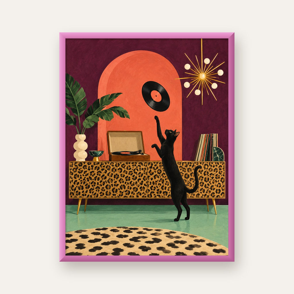 Retro Salonda Siyah Kedi – Dijital Poster, Modern Dekor — pembe çerçeveli