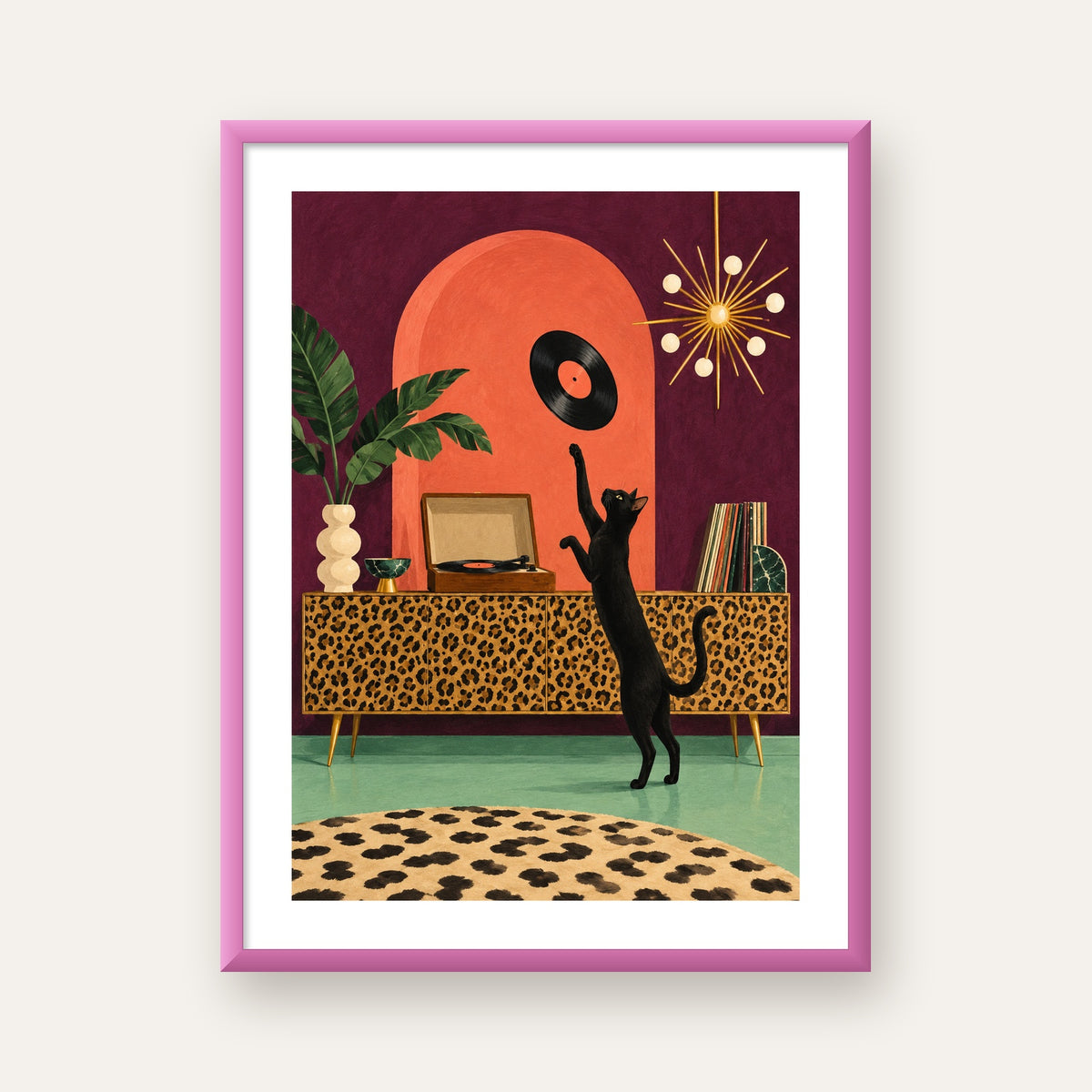 Retro Salonda Siyah Kedi – Dijital Poster, Modern Dekor — pembe çerçeveli paspartulu
