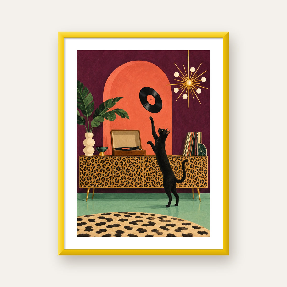 Retro Salonda Siyah Kedi – Dijital Poster, Modern Dekor — sarı çerçeveli paspartulu