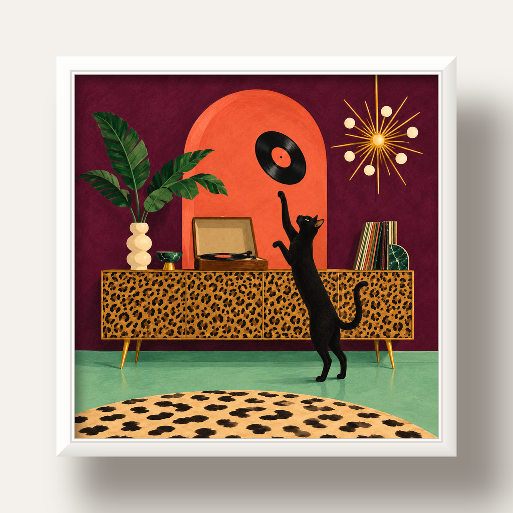 Retro Salonda Siyah Kedi – Dijital Poster, Modern Dekor — beyaz derin çerçeveli