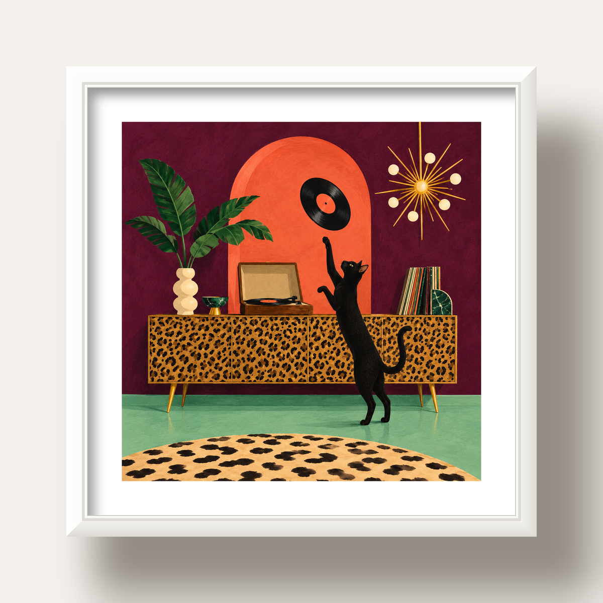 Retro Salonda Siyah Kedi – Dijital Poster, Modern Dekor — beyaz derin çerçeveli paspartulu