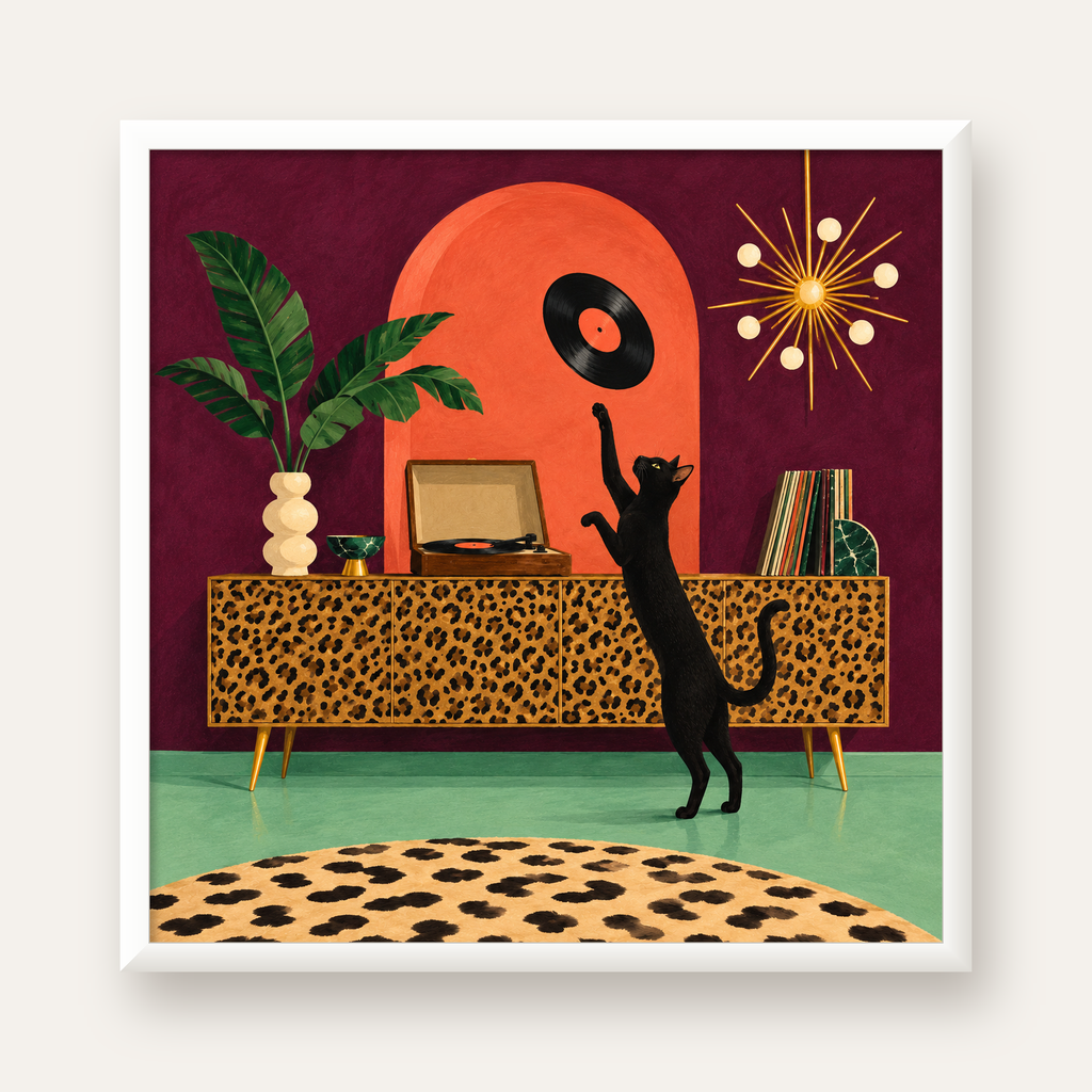 Retro Salonda Siyah Kedi – Dijital Poster, Modern Dekor — beyaz çerçeveli kare poster