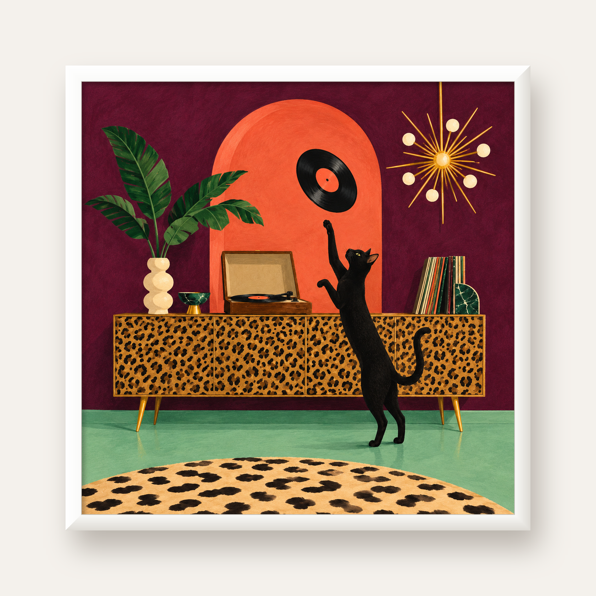 Retro Salonda Siyah Kedi – Dijital Poster, Modern Dekor — beyaz çerçeveli kare poster