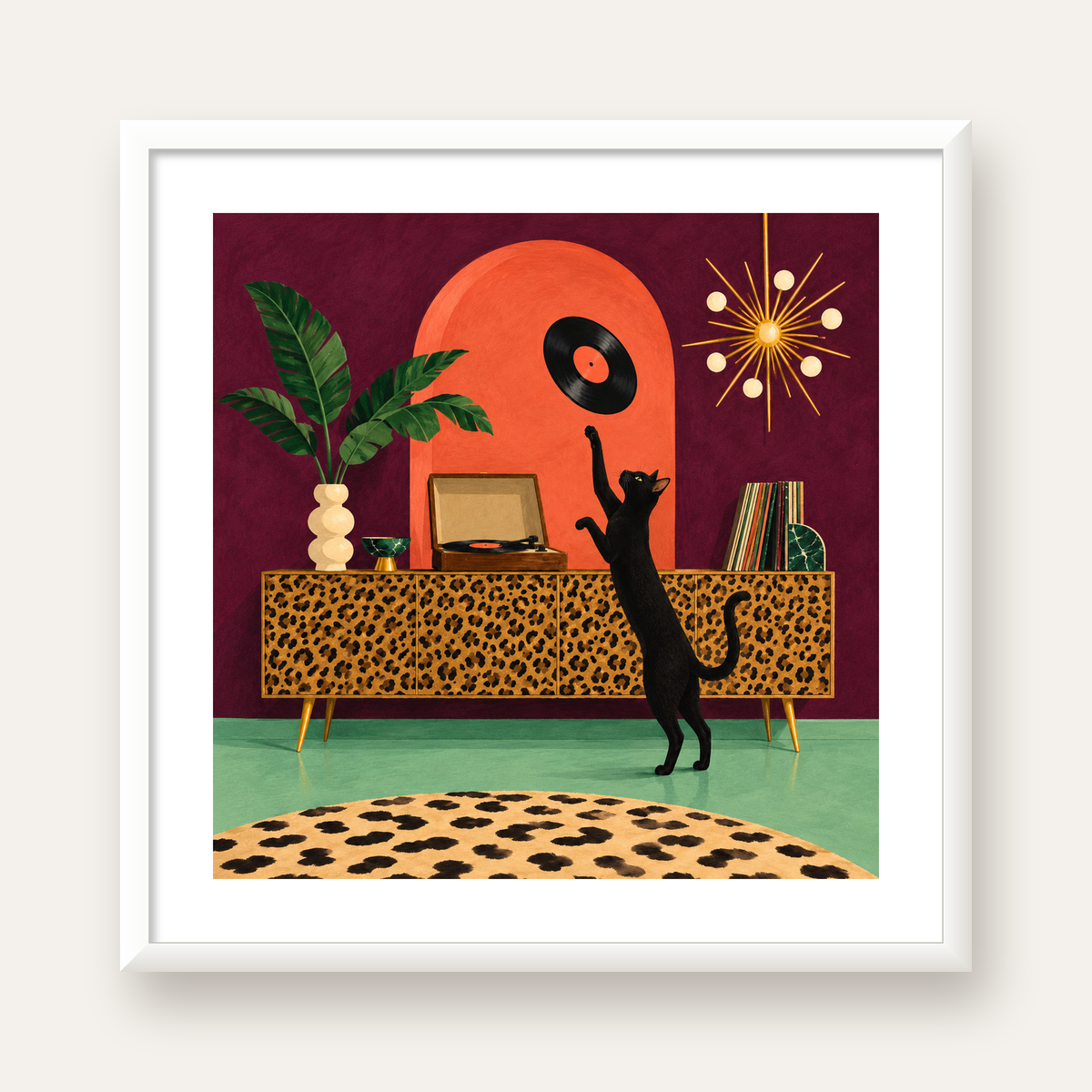 Retro Salonda Siyah Kedi – Dijital Poster, Modern Dekor — beyaz çerçeveli kare poster