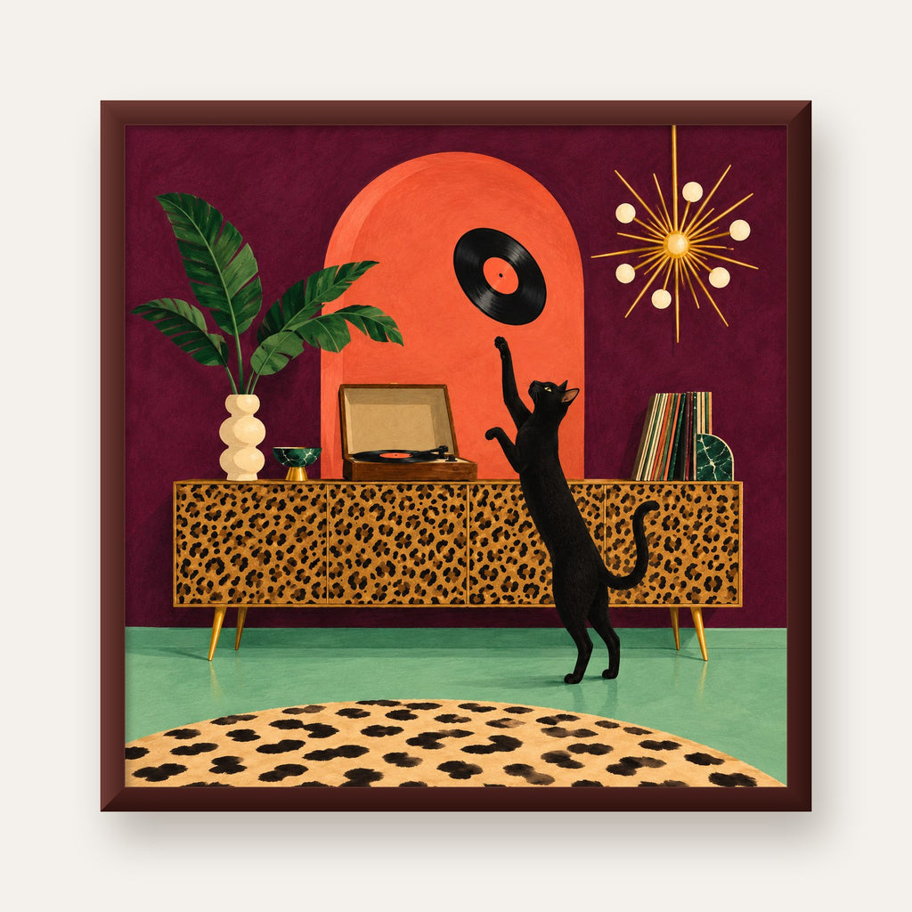 Retro Salonda Siyah Kedi – Dijital Poster, Modern Dekor — ceviz çerçeveli