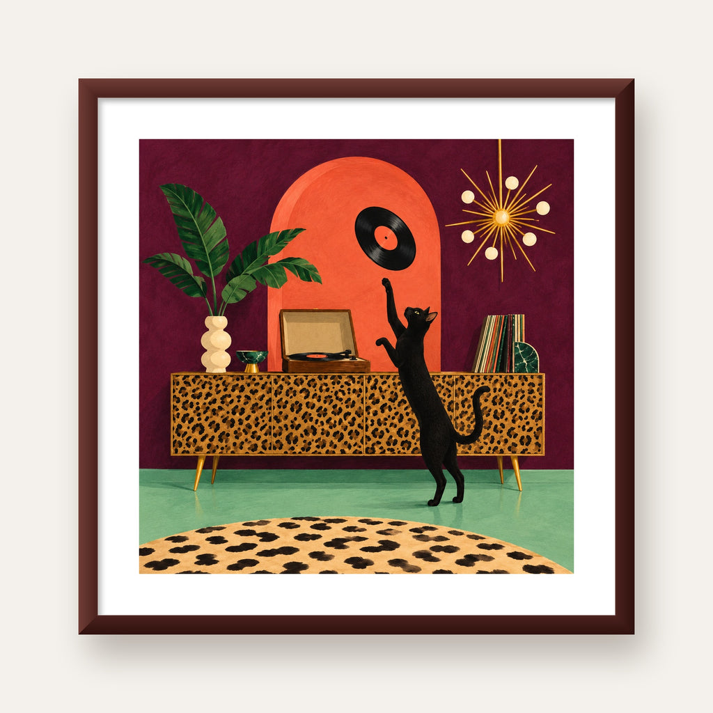 Retro Salonda Siyah Kedi – Dijital Poster, Modern Dekor — ceviz çerçeveli paspartulu