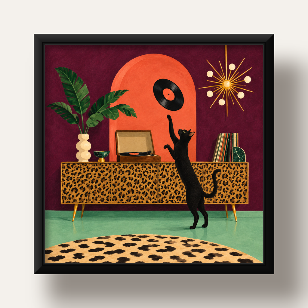 Retro Salonda Siyah Kedi – Dijital Poster, Modern Dekor — siyah derin çerçeveli