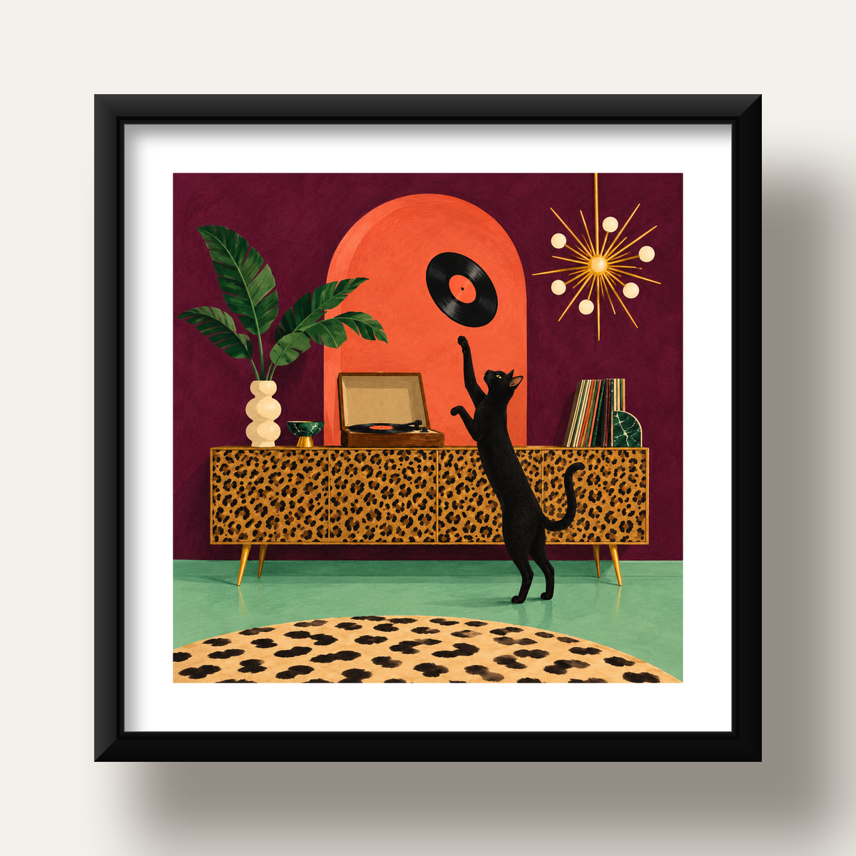 Retro Salonda Siyah Kedi – Dijital Poster, Modern Dekor — siyah derin çerçeveli paspartulu