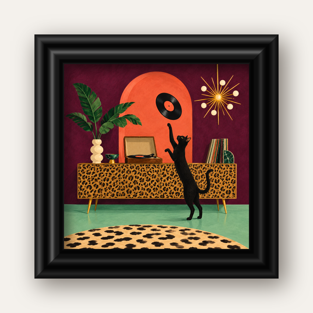 Retro Salonda Siyah Kedi – Dijital Poster, Modern Dekor — siyah galeri çerçeveli