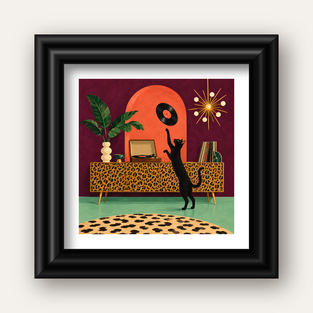 Retro Salonda Siyah Kedi – Dijital Poster, Modern Dekor — siyah galeri çerçeveli paspartulu