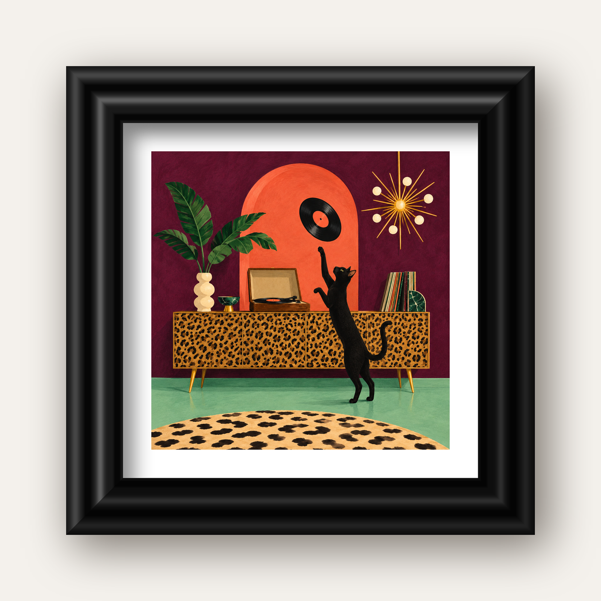 Retro Salonda Siyah Kedi – Dijital Poster, Modern Dekor — siyah galeri çerçeveli paspartulu