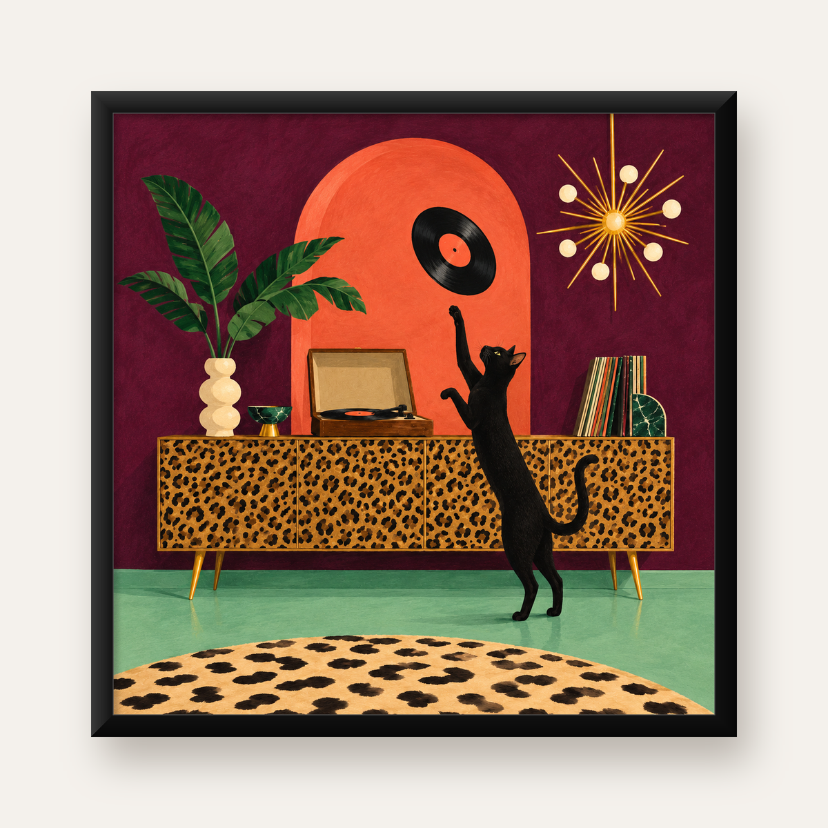 Retro Salonda Siyah Kedi – Dijital Poster, Modern Dekor — Kare baskı, düz siyah çerçeveli duvar posteri