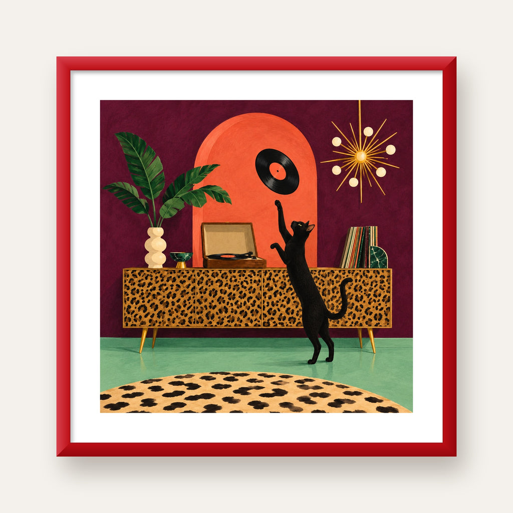 Retro Salonda Siyah Kedi – Dijital Poster, Modern Dekor — kırmızı çerçeveli paspartulu