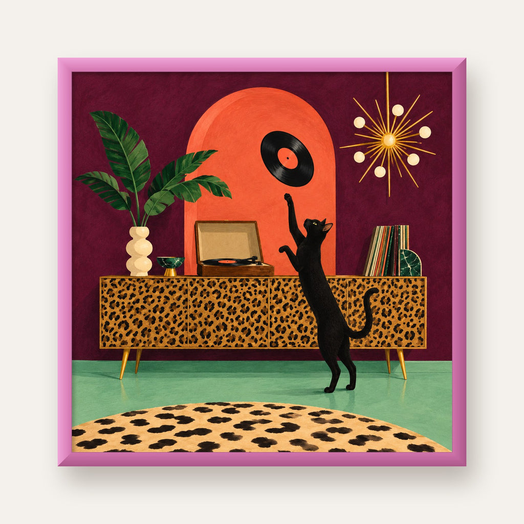 Retro Salonda Siyah Kedi – Dijital Poster, Modern Dekor — pembe çerçeveli