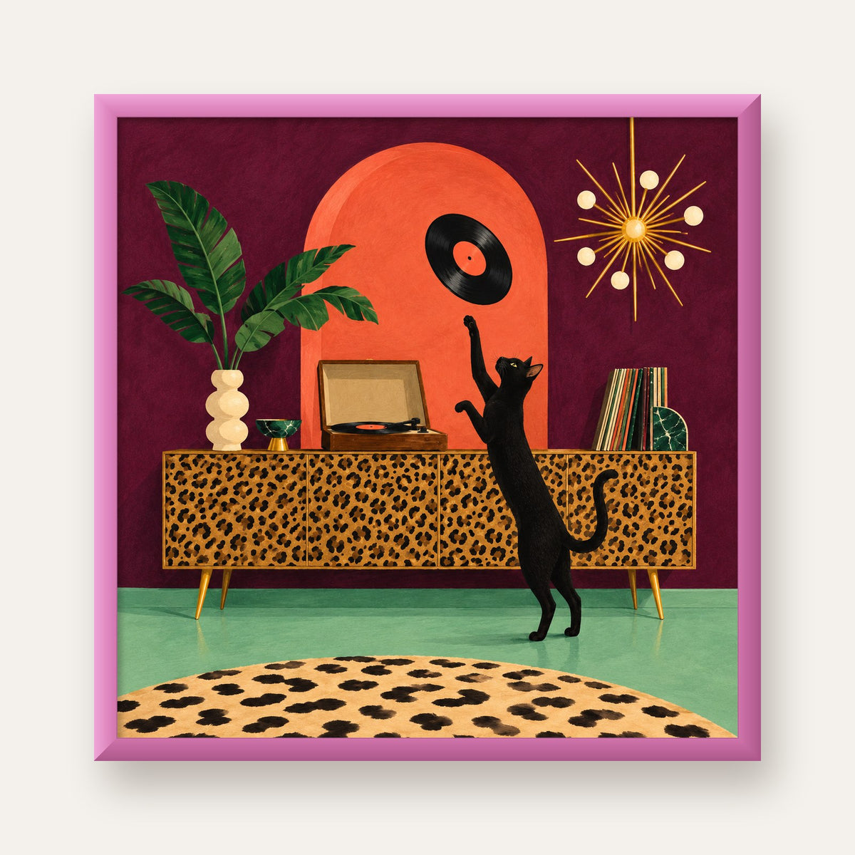 Retro Salonda Siyah Kedi – Dijital Poster, Modern Dekor — pembe çerçeveli