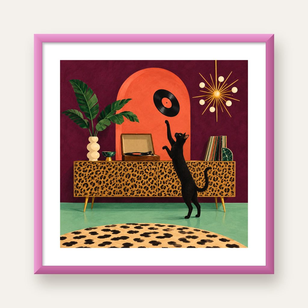 Retro Salonda Siyah Kedi – Dijital Poster, Modern Dekor — pembe çerçeveli paspartulu