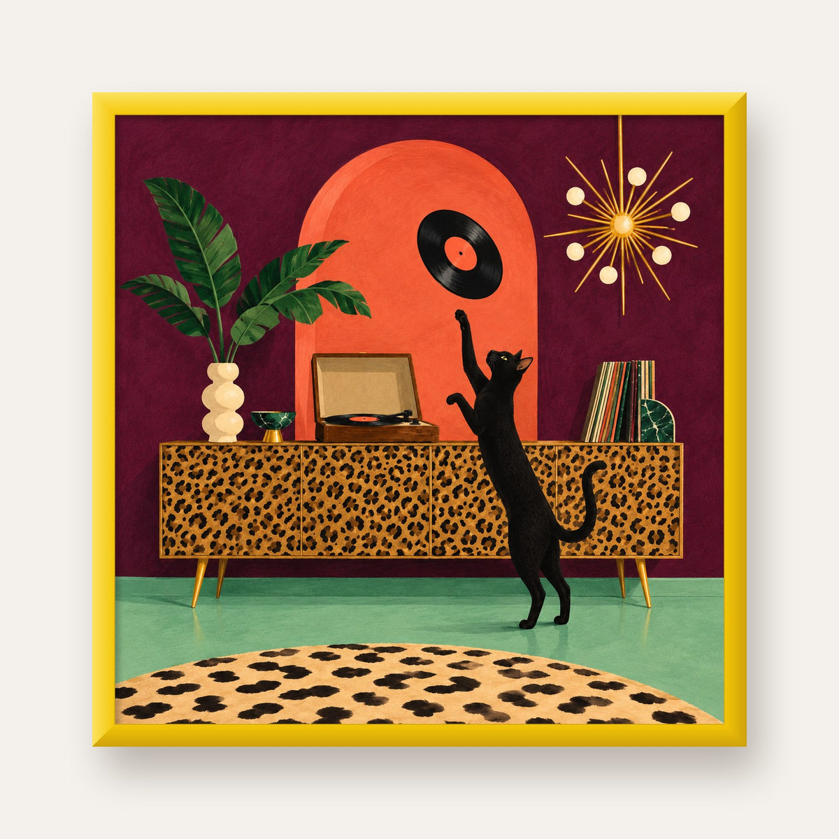 Retro Salonda Siyah Kedi – Dijital Poster, Modern Dekor — sarı çerçeveli