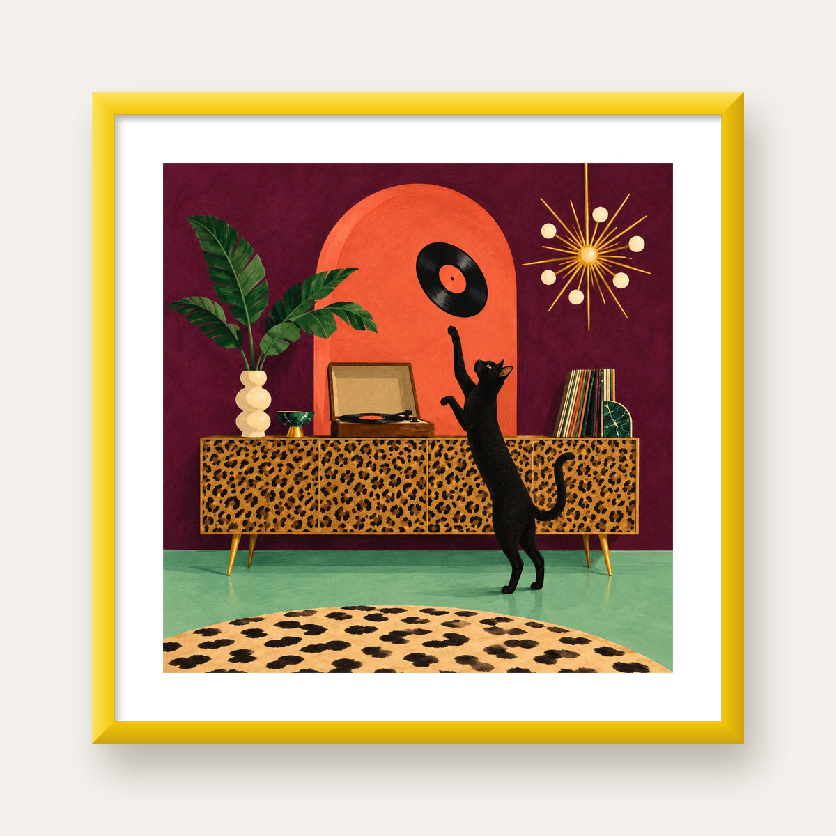 Retro Salonda Siyah Kedi – Dijital Poster, Modern Dekor — sarı çerçeveli paspartulu