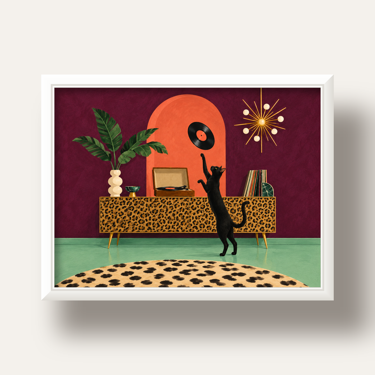Retro Salonda Siyah Kedi – Dijital Poster, Modern Dekor — beyaz derin çerçeveli