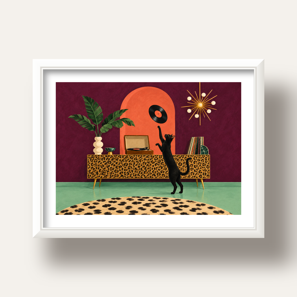 Retro Salonda Siyah Kedi – Dijital Poster, Modern Dekor — beyaz derin çerçeveli paspartulu