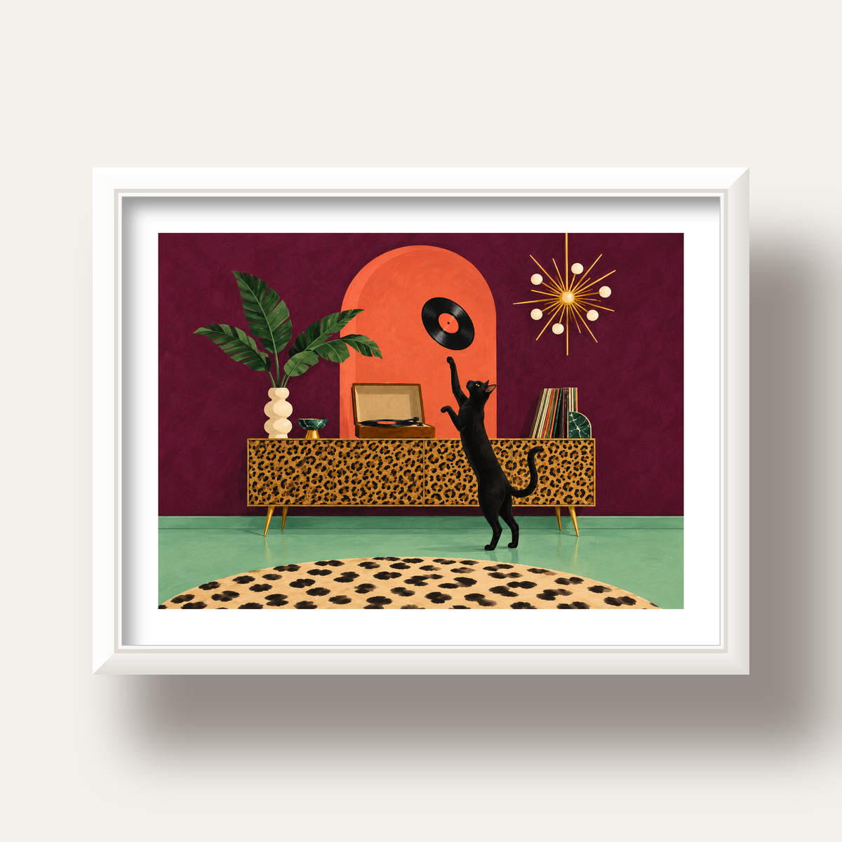 Retro Salonda Siyah Kedi – Dijital Poster, Modern Dekor — beyaz derin çerçeveli paspartulu