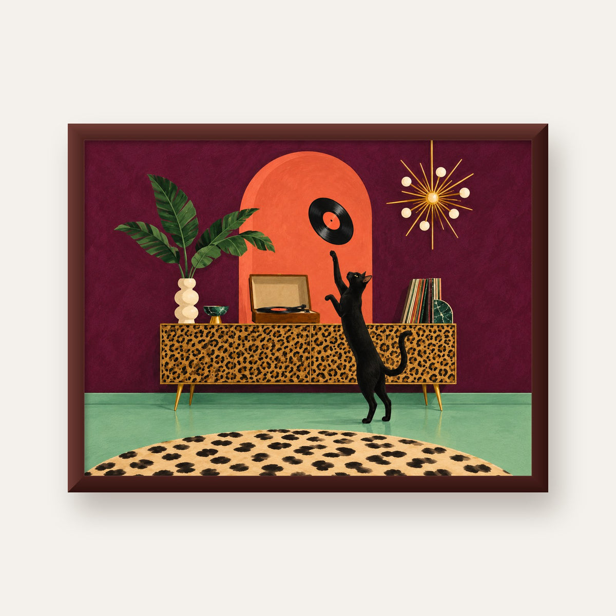 Retro Salonda Siyah Kedi – Dijital Poster, Modern Dekor — ceviz çerçeveli