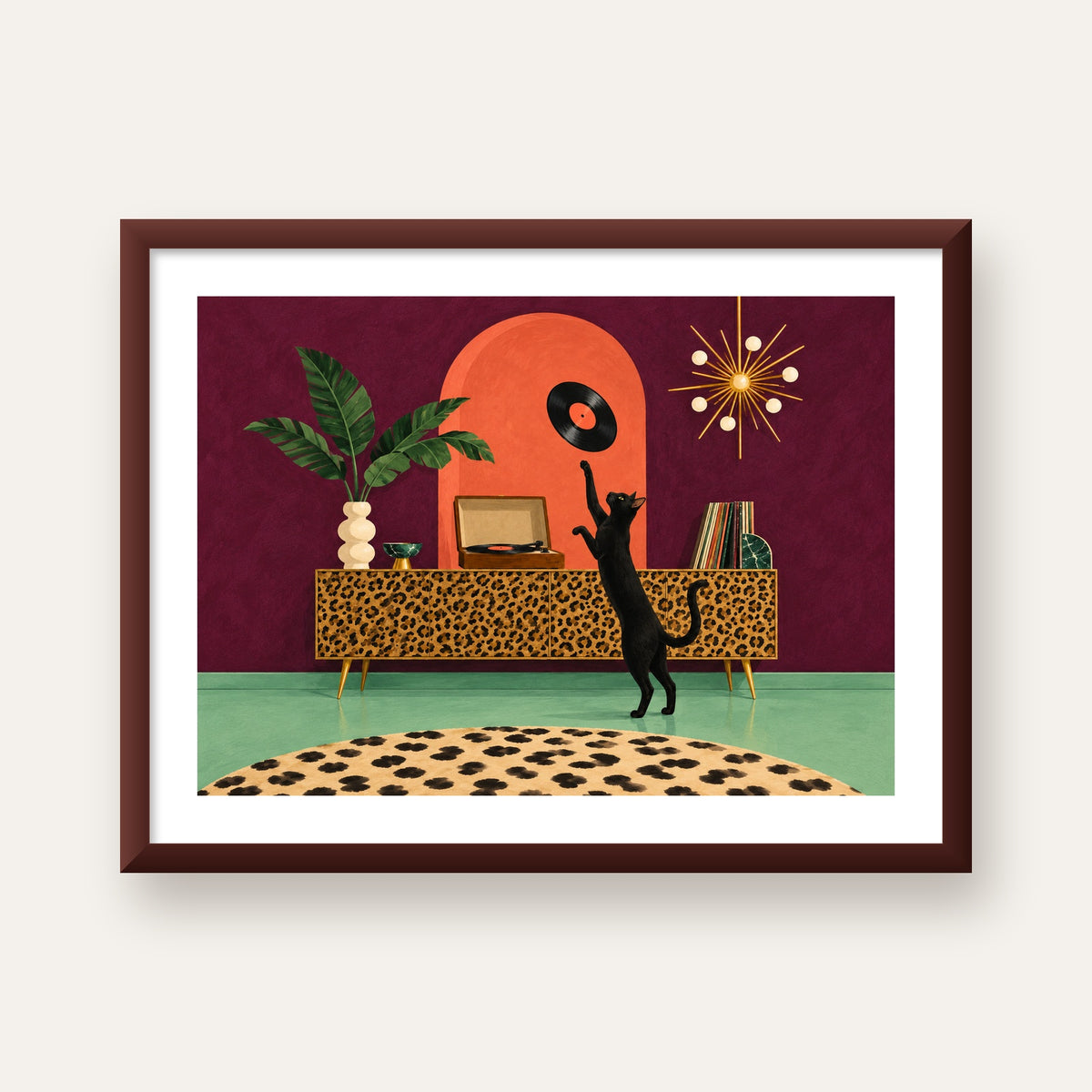 Retro Salonda Siyah Kedi – Dijital Poster, Modern Dekor — ceviz çerçeveli paspartulu