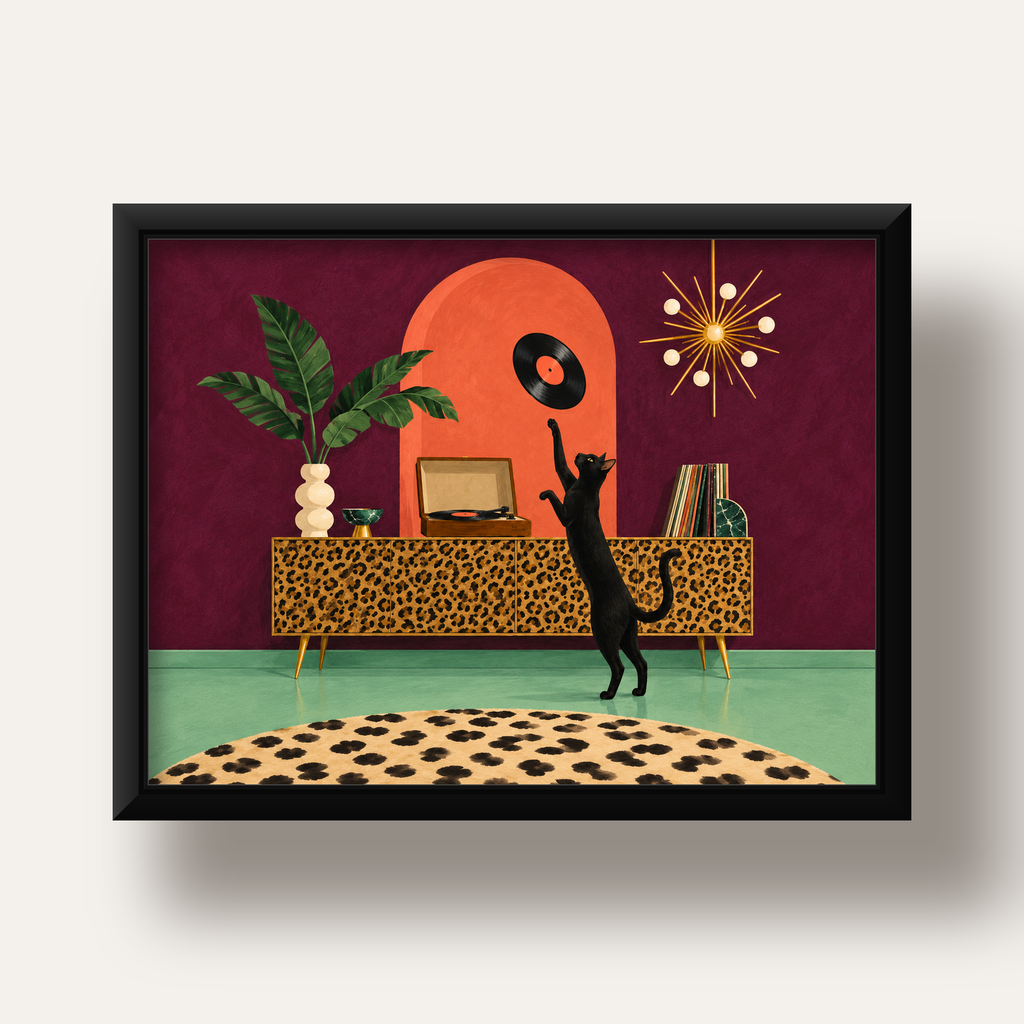 Retro Salonda Siyah Kedi – Dijital Poster, Modern Dekor — siyah derin çerçeveli