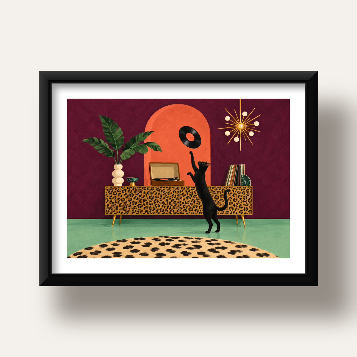 Retro Salonda Siyah Kedi – Dijital Poster, Modern Dekor — siyah derin çerçeveli paspartulu