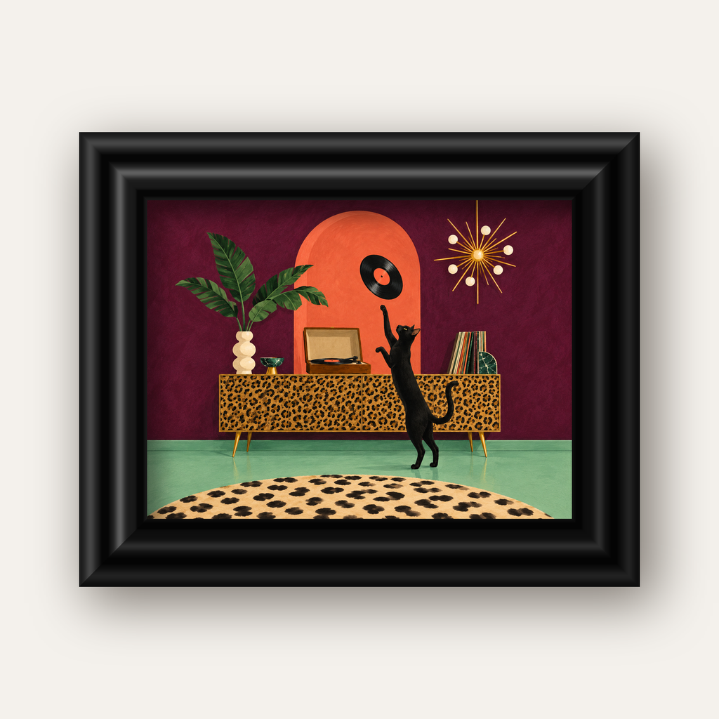 Retro Salonda Siyah Kedi – Dijital Poster, Modern Dekor — siyah galeri çerçeveli