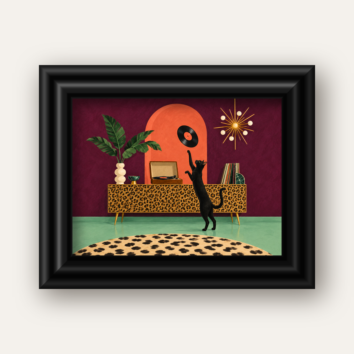 Retro Salonda Siyah Kedi – Dijital Poster, Modern Dekor — siyah galeri çerçeveli