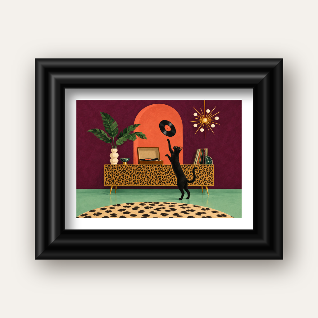 Retro Salonda Siyah Kedi – Dijital Poster, Modern Dekor — siyah galeri çerçeveli paspartulu