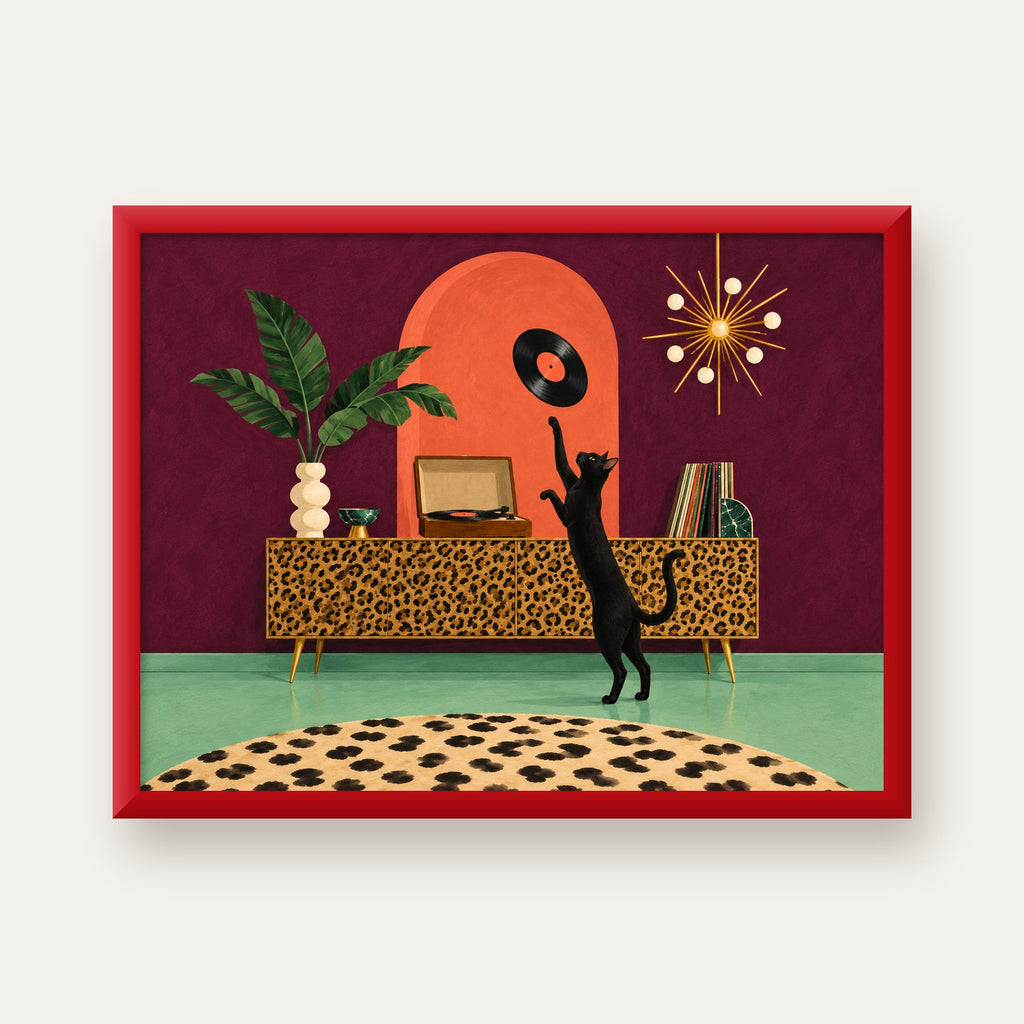 Retro Salonda Siyah Kedi – Dijital Poster, Modern Dekor — kırmızı çerçeveli