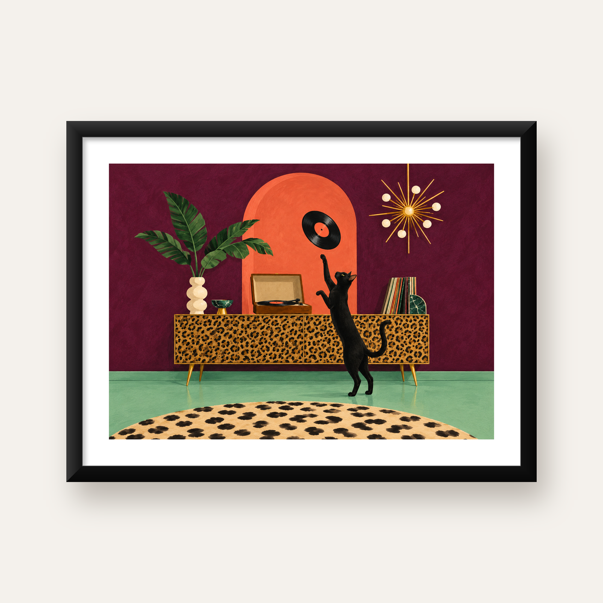 Retro Salonda Siyah Kedi – Dijital Poster, Modern Dekor — Yatay baskı, beyaz paspartulu