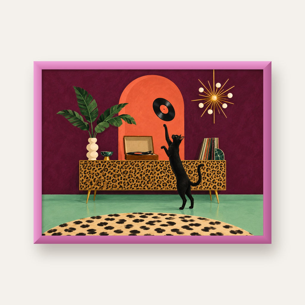 Retro Salonda Siyah Kedi – Dijital Poster, Modern Dekor — pembe çerçeveli